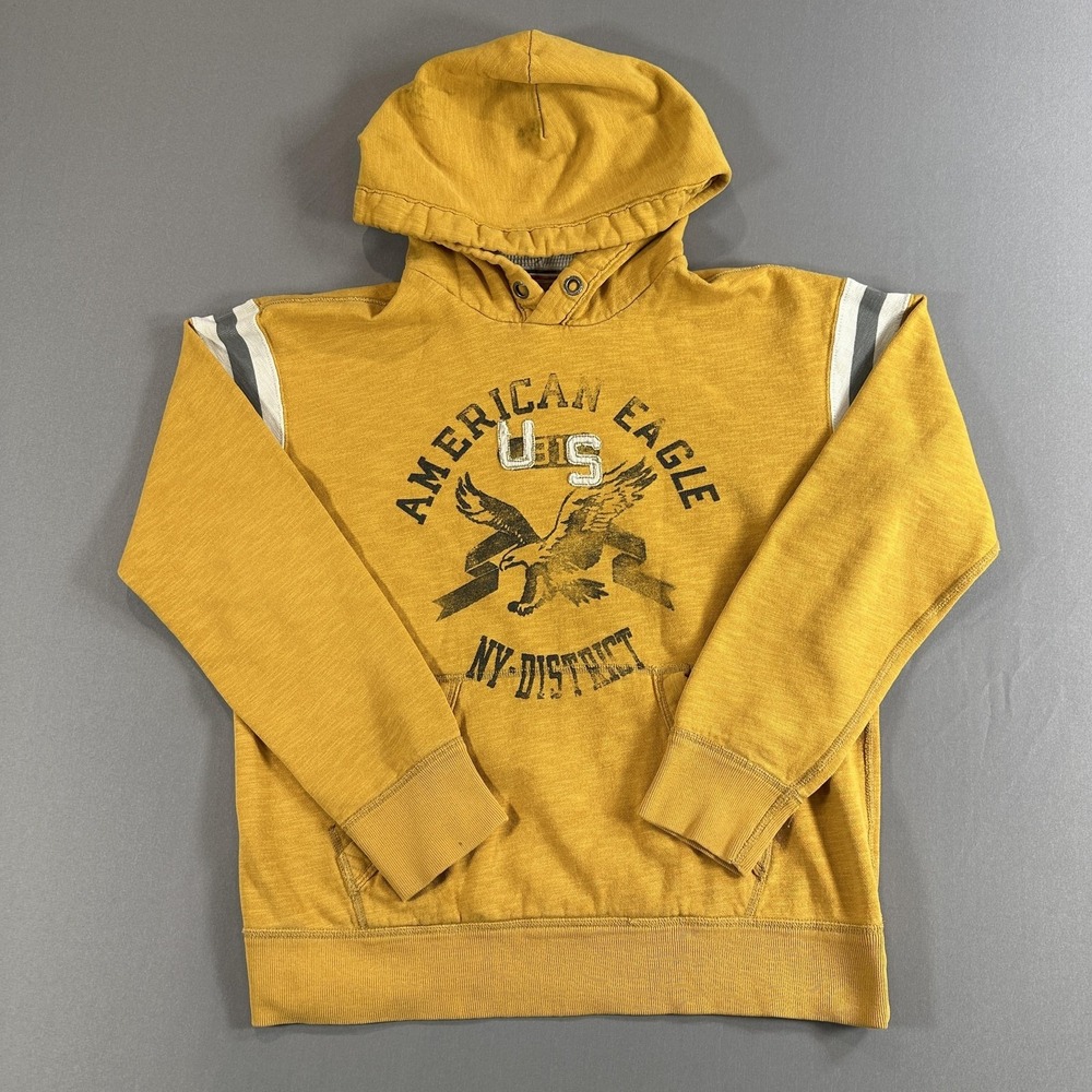 American Eagle Outfitters Hoodie Mens Medium Yellow Pullover Eagle Graphic